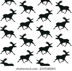 Vector seamless pattern of flat hand drawn running moose silhouette isolated on white background