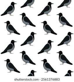 Vector seamless pattern of flat hand drawn crow isolated on white background