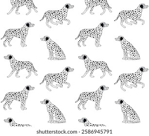 Vector seamless pattern of flat hand drawn dalmatian dog isolated on white background