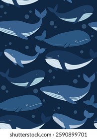 Vector seamless pattern with flat hand drawn whales with bubbles on blue background. Surface design with fish in childish style for wallpaper and fabric