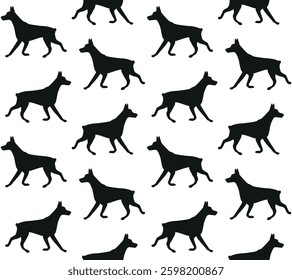 Vector seamless pattern of flat hand drawn doberman dog silhouette isolated on white background
