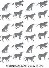 Vector seamless pattern of flat hand drawn wolves isolated on white background