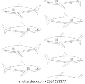Vector seamless pattern of flat hand drawn outline shark isolated on white background