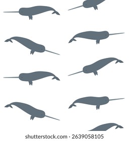 Vector seamless pattern of flat hand drawn narwhal isolated on white background