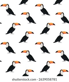 Vector seamless pattern of flat hand drawn toucan isolated on white background