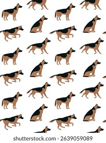 Vector seamless pattern of of flat hand drawn shepherd dog isolated on white background