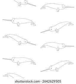 Vector seamless pattern of flat hand drawn outline narwhal isolated on white background