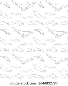 Vector seamless pattern of flat hand drawn outline whales isolated on white background