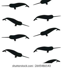 Vector seamless pattern of flat hand drawn narwhal silhouette isolated on white background