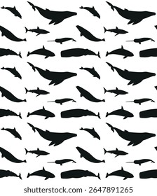 Vector seamless pattern of flat hand drawn whales silhouette isolated on white background