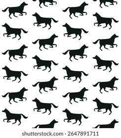 Vector seamless pattern of flat hand drawn running husky dog silhouette isolated on white background