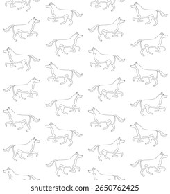 Vector seamless pattern of flat hand drawn outline running husky dog isolated on white background
