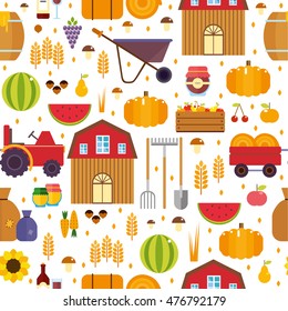 vector seamless pattern.  flat harvesting equipment for agriculture and horticulture, and machinery and hand tools. harvest fruits and vegetables. wine and honey, pickles for the winter. hay gathering
