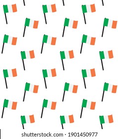 Vector seamless pattern of flat heart shaped Ireland flag isolated on green background