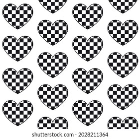 Vector seamless pattern of flat heart with chess checkered texture isolated on white background