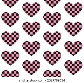 Vector seamless pattern of flat heart with chess checkered pink texture isolated on white background