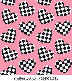 Vector seamless pattern of flat heart with chess checkered texture isolated on pink background