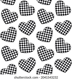 Vector seamless pattern of flat heart with chess checkered texture isolated on white background
