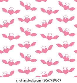Vector seamless pattern of flat heart with angel wings and nimbus silhouette isolated on white background