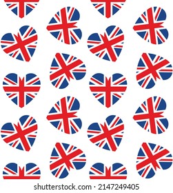 Vector seamless pattern of flat heart shaped Great Britain flag isolated on white background