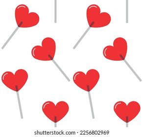 Vector seamless pattern of flat heart lollipop candy isolated on white background
