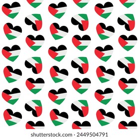 Vector seamless pattern of flat heart with Palestine flag isolated on white background