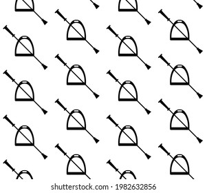 Vector seamless pattern of flat horse riding equestrian stirrup and whip silhouette isolated on white background