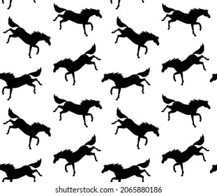 Vector seamless pattern of flat horse silhouette kicking isolated on white background