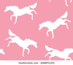 Vector seamless pattern of flat horse silhouette kicking isolated on pink background
