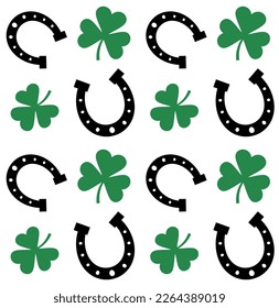 Vector seamless pattern of flat horse shoe and trefoil shamrock isolated on white background