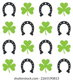 Vector seamless pattern of flat horse shoe and trefoil shamrock isolated on white background