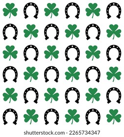 Vector seamless pattern of flat horse shoe and trefoil shamrock isolated on white background