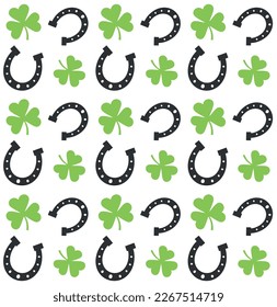 Vector seamless pattern of flat horse shoe and trefoil shamrock isolated on white background