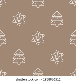 Vector seamless pattern. Flat icons of Christmas cookies. Gingerbread snowflakes (stars) and Christmas trees. White outline, beige background. Ornamental decoration for craft paper 