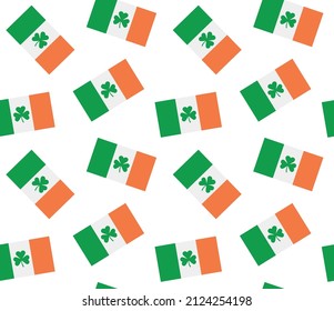 Vector seamless pattern of flat Irish flag with trefoil isolated on white background