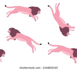 Vector seamless pattern of flat jumping pink lion isolated on white background