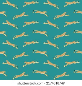 Vector seamless pattern of flat jumping cheetah isolated on green background