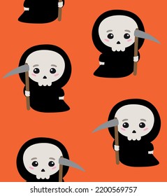 Vector seamless pattern of flat kawaii death isolated on orange background