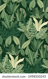 Vector seamless pattern with  flat leaves on dark green background. Surface design with plants and bushes for fabrics, wallpaper and wrapping paper