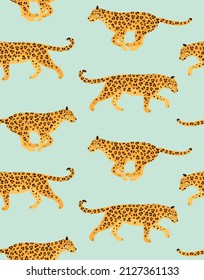 Vector seamless pattern of flat leopard isolated on mint green background