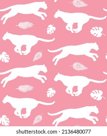 Vector seamless pattern of flat leopard and palm leaves silhouette isolated on pink background
