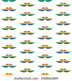 Vector seamless pattern of flat lgbt rainbow flag mustache isolated on white background