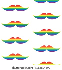 Vector seamless pattern of flat lgbt rainbow flag mustache isolated on white background