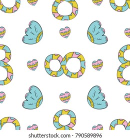 Vector seamless pattern of flat lily of the valley flowers, leaves and a figure eight in Scandinavian style hand drawn on a white background. International Women s Day.