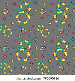 Vector seamless pattern of flat lily of the valley flowers, leaves and a figure eight in Scandinavian style hand drawn. International Women s Day.