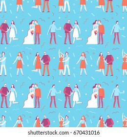 Vector seamless pattern in flat linear style - happy people at wedding party - illustration and design element for wedding invitation, save the date invitations or valentine's day greeting card