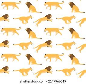 Vector seamless pattern of flat lions isolated on white background