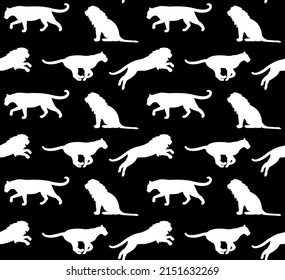 Vector seamless pattern of flat lions silhouette isolated on black background