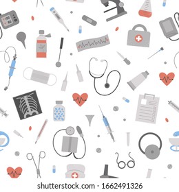 Vector seamless pattern with flat medical icons. Medicine or health insurance, research background. Healthcare and laboratory equipment digital paper. Health check or treatment texture