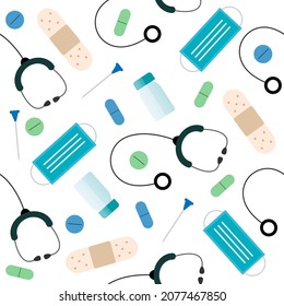 Vector seamless pattern with flat medical icons. Medicine heart health background.